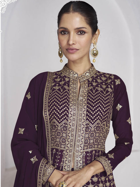 Purple Real Georgette Sharara Suit 189111 Closure View
